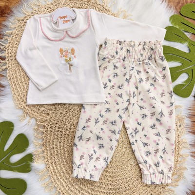 Conj. Blusa em Plush Manga Longa  Florzinhas e Calça - Rosa